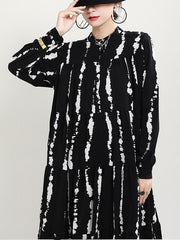 Stand Collar Printed Long Sleeves Midi Dress