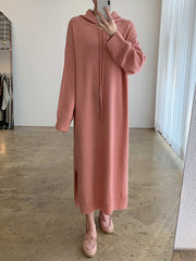 Loose Solid Knitted Split Hooded Midi Dress