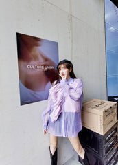 Women Pleated Ruffled Vertical Stripes Shirt