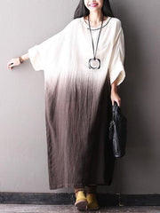Batwing Slieeves Gradient Brown Cotton Long Dress
