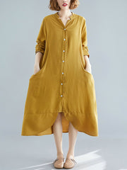 Stand Collar Falbala Solid Midi Dress