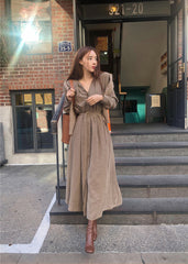 Simple And Elegant V-Neck Long Sleeve Lace-Up Waist Midi Dress