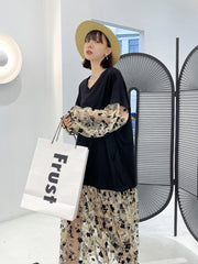 V-Neck Floral Split-Joint Long Sleeves Maxi Dress