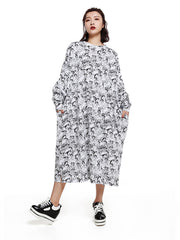 Women Round Neck Print Loose Casual Dress