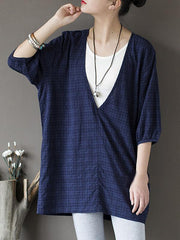 Original Sun-Protection Solid Plaid V-Neck Shirt