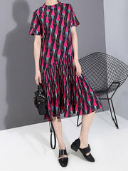 Rhomboid Print Pleat Round Neck Dress