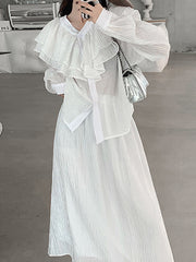 Long Sleeves Pleated Pure Color V-Neck Shirts Tops + High Waisted Skirts Two Pieces Set