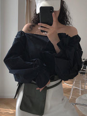 Vintage Puff Sleeves Square Neck One-Shoulder Shirt