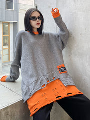 Contrasting Color Long-Sleeved Ripped Loose Sweatshirt