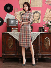 Vintage Suede Plaid Short Cheongsams