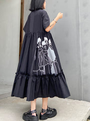 Printed Short Sleeve Loose Fitting Slim Dress