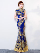 Blue Lace Embroidered Mermaid Cheongsam Evening Dress
