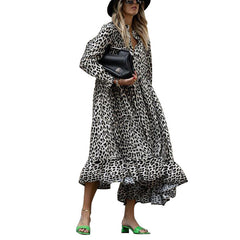 Leopard Print Long Sleeve V-Neck Loose Midi Dress