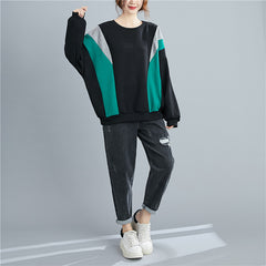 Women Contrast Stitching Round Neck Pullover Sweatshirt