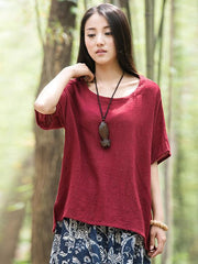 High-low Short Sleeves Ramie Cotton T-shirt