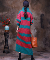 Lapel Color-Blocking Striped Knitted Sweater Dress