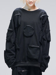 Round Neck Cotton Multi-Pocket Long-Sleeved Sweatshirt