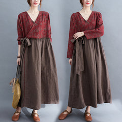 Retro Patchwork Floral V-Neck Lace-Up Midi Dress