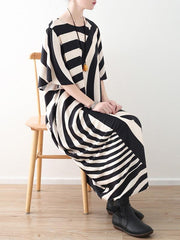 Asymmetric Striped Chiffon Half Sleeves Long Dress