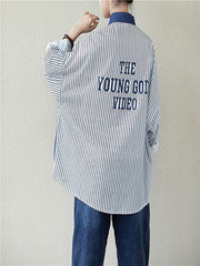 Lapel Denim Split-Joint Striped Shirt