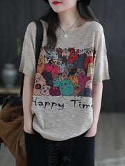 Women Round Neck Print Loose Retro T-Shirt