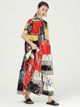 Women Retro Round Neck Print Color Block Floral Dress