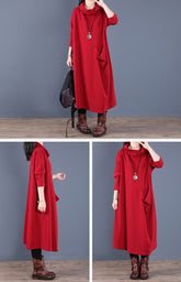 Retro Loose Solid Color Hooded Midi Dress
