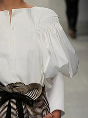 Loose Puff Sleeves Pleated Solid Color Split-Joint Round-Neck Blouses