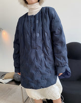 Women Embossed Round Neck Loose Slim Coat