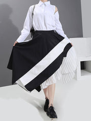 Asymmetric Contrast Color Pleated Splicing A-Line Skirt