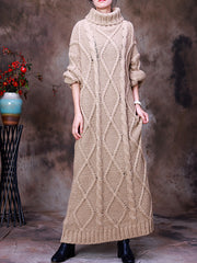 Solid Color Ribbed Turtleneck Warm Sweater Dress