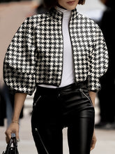 Loose Puff Sleeves Houndstooth Stand Collar Outerwear