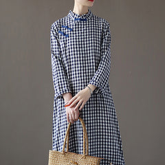 Retro Plaid Stand Collar Cheongsam Midi Dress