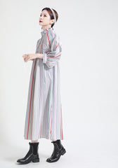 Women Japanese Retro Color Matching Striped Puff Sleeve Dress