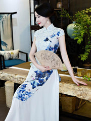 White&Blue Flower Split-side Ao Dai Cheongsam