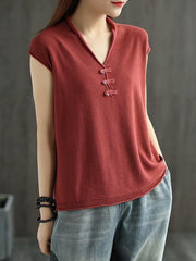 Solid V-Neck Knitting Vintage Button T-Shirt