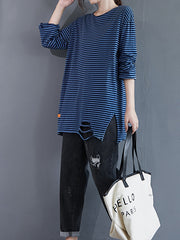 Women Casual Striped Ripped Sweatshirt