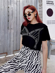 Women Letter Print Hollow Loose High Waist T-Shirt