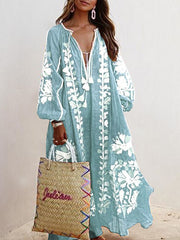 V-Neck Long Sleeve Printed Maxi Dress