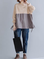 Loose Contrast Color Round Collar Falbala T-Shirt