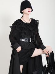 Ruffled Pleated Chiffon Stitching Lantern Sleeves Blouses Shirts Top