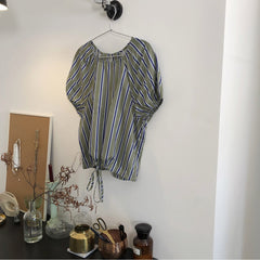 Round Neck Vertical Stripes Puff Sleeve Short Sleeve  Blouses T-Shirts Top