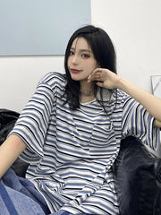 Retro Striped Lapel Loose Casual T-Shirt