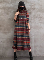 Vintage Striped Printed Casual Midi Dress