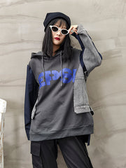 Split-Joint Denim Hooded Printed Sweatshirt