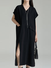 Pockets Pure Color Split-Side Roomy Raglan Sleeve V-Neck Midi Dresses