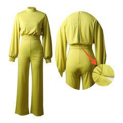 Solid Color High-Neck Long Sleeve Casual Wide-Leg Jumpsuit