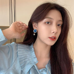 Retro Personality Blue Portrait Pearl Sweet Earrings