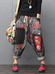Loose Floral Printed Badge Stick Drawstring Harem Pants