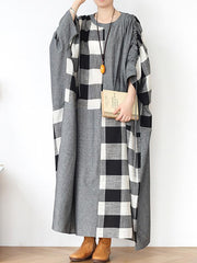 Loose Plus Size Plaid Split-Joint Draw String Long Dress